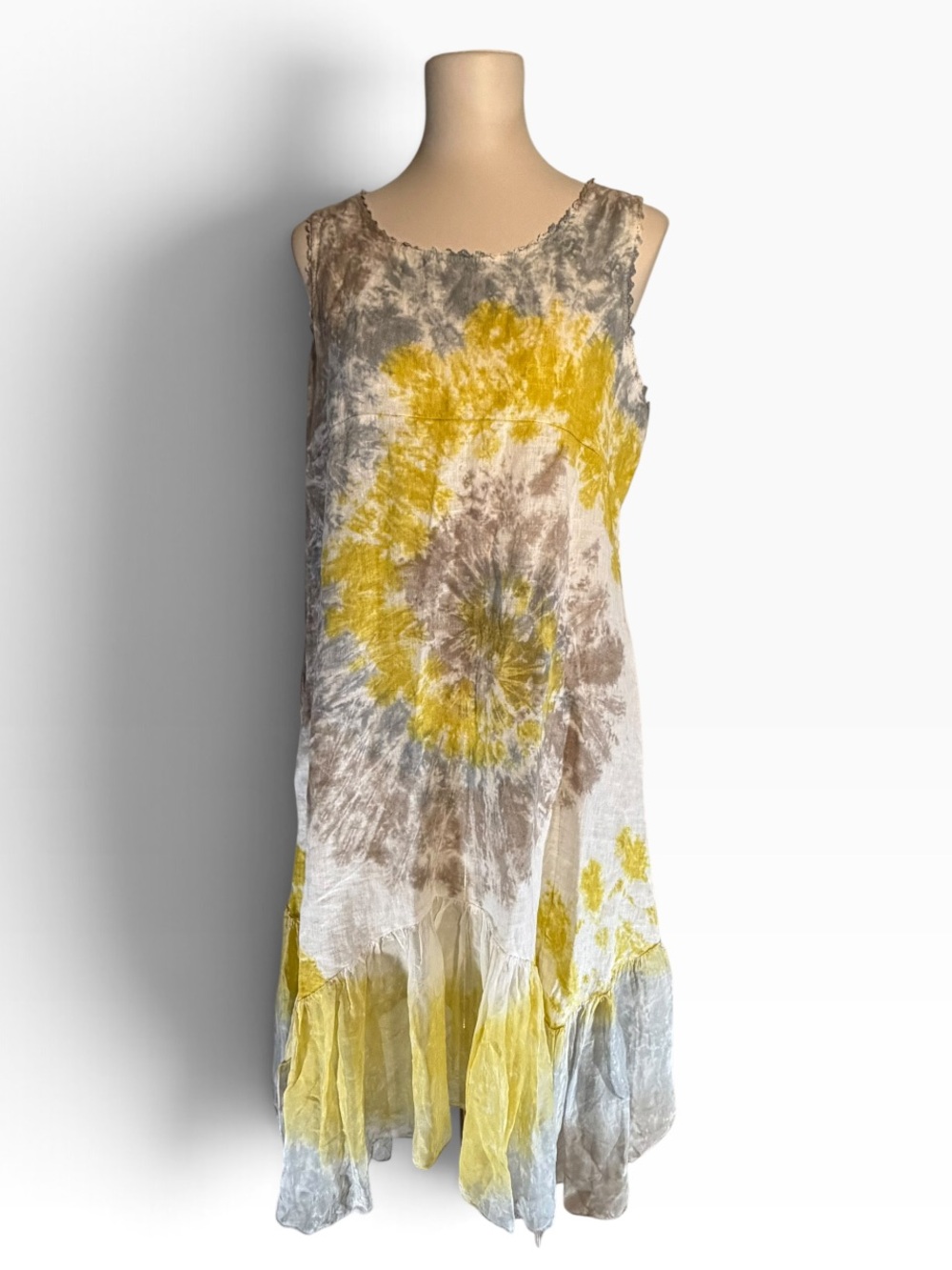 NWT Shyloh Italian Linen & Silk Tie Dye Dress Yellow Grey Lace Trim Pockets